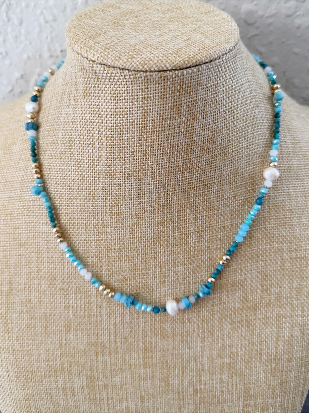 Lucky Brand Blue Sea Beads & Fresh Water Pearls Minimalist Boho Dainty Necklace
